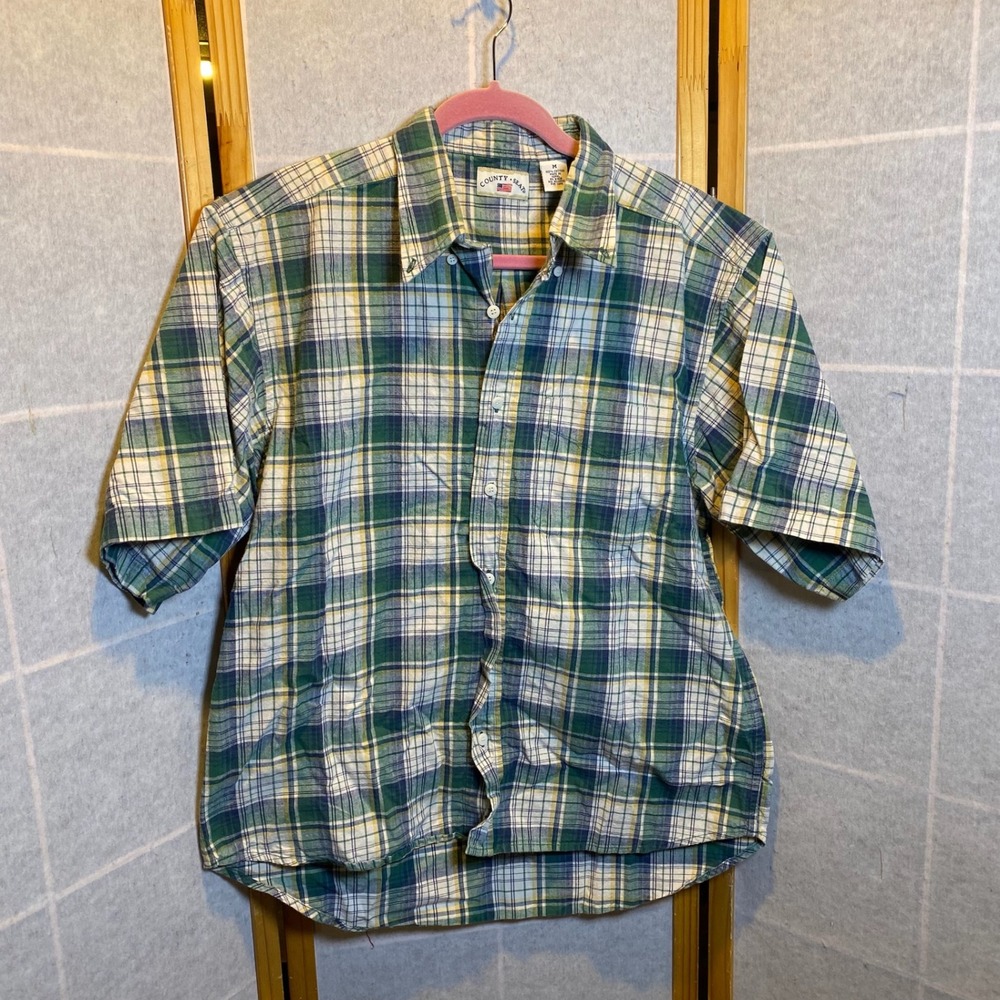 County Seat Mens Plaid Button Down Shirt‎ Green Blue Yellow Short Sleeve Size M